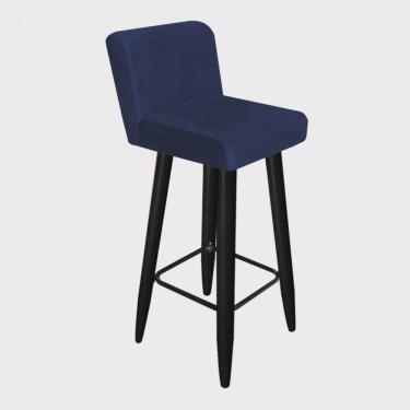 Imagem de Banqueta Alta Com Encosto Lana Para Cozinha Bar Balcão Bistrô Pé Palito Preto Suede Azul Marinho - Ahazzo Móveis