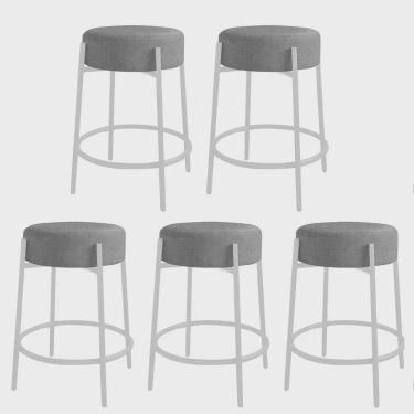 Imagem de Kit 05 Banquetas Alta Sintra 65cm Redonda Ferro Branco Linho Cinza - Ahazzo Móveis