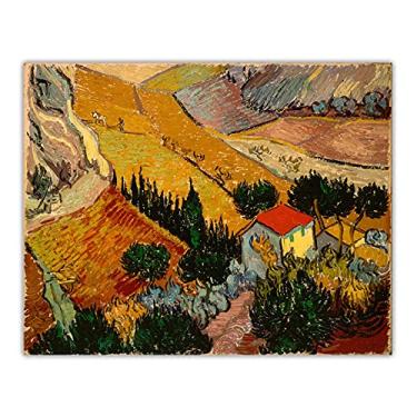 Imagem de Van Gogh. Paisagem com casa e arado. Reprodução de arte famosa de arte em tela. Pôster de imagem de parede com impressão de arte clássica. Impressão em tela decoração de casa moderna - 90 x 70 cm sem