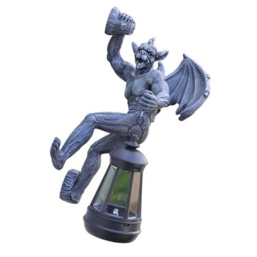 Imagem de IEUDNS Estátua do jardim de escultura de gárgula alada com iluminação de paisagem de lâmpada de monte de parede solar de parede solar para telhado Backyard, Preto