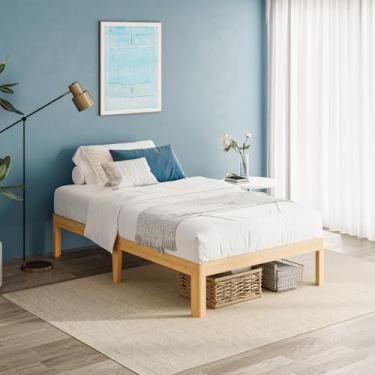 Imagem de LAKKURI Plataforma para cama de solteiro de madeira de bambu de 35,5 cm de altura, estrutura de cama de suporte de ripas de metal, reforçada, sem necessidade de mola de caixa, fácil montagem, sem