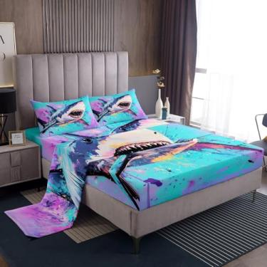Imagem de Erosebridal Jogo de lençol King com estampa de tubarão, estampa de animais em aquarela, estampa tie dye, estampa de animais de caça, roedores, lençol com elástico para amantes de tubarões, arte