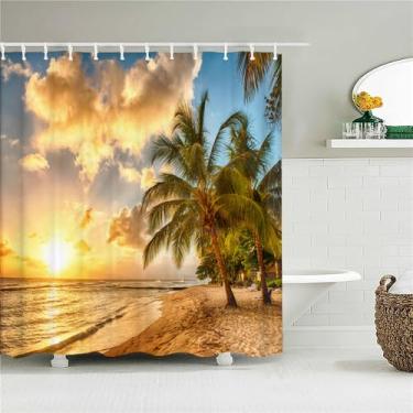 Imagem de Cortina de chuveiro de tecido Sunlight Ocean Beach Cortinas de banheiro Sunset Dusk Sea Tamanho grande 300x180CM Tela de banho com 12 ganchos, JK5998, L210xA180cm
