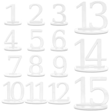 Imagem de Números de mesa brancos 1-15 com números de mesa de base oval para recepção de casamento, suportes de placas de casamento rústicas brancas para banquetes, decoração de festas de aniversário