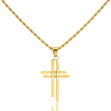 Imagem de Colar de cruz banhado a ouro para homens, colares de aço inoxidável com cruz dupla para mulheres, pingente moderno de crucifixo de aço inoxidável com corrente de 53 cm, Aço inoxidável, Sem Pedra