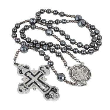 Imagem de AROUROUA Rosário de hematita preto 8 mm contas de hematita colar de oração pesado feito à mão em aço inoxidável crucifixo rosários católicos presentes