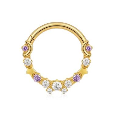 Imagem de FINE4U Anel de nariz dourado 16G 10 mm - ASTM F136 titânio estrela e lua Daith piercing joia, brinco de argola de cartilagem, anéis de septo, clicker articulado sem costura