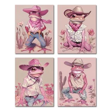 Imagem de Impressão em tela de arte de parede de cowboy rosa, pôster de arte de sapo, quarto infantil, decoração de parede ocidental, decoração de quarto de meninos, decoração de casa de fazenda, conjunto de 4