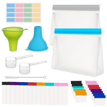 Imagem de BOMEX Kit de viagem de proteína em pó – 14 bolsas de dose única/dupla + 2 sacos grandes de armazenamento e 14 sacos de comprimidos com funis, colheres e etiquetas, organizador de suplementos em