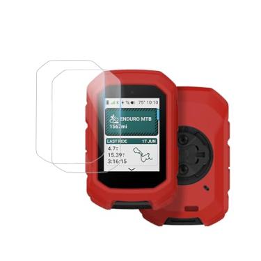 Imagem de Capa para computador Garmin Edge MTB GPS Bike - Capa de silicone com 2 películas de vidro temperado, antiarranhões, à prova de choque e transparente, cobertura total de alta definição (vermelha)