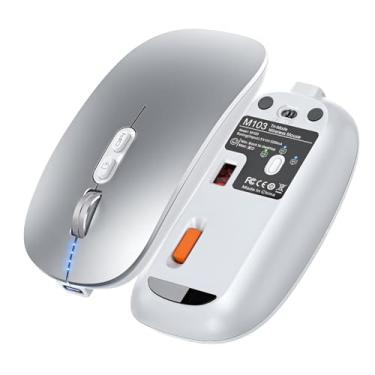 Imagem de Mouse Bluetooth Recarregável Compatível com Macbook Air, Pro M1 M2 M3-2 Bluetooths + USB, Design Compacto e Elegante, Botões Silenciosos (Prata)