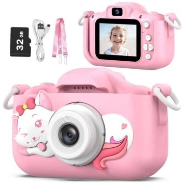 Imagem de Câmera digital infantil Goopow, rosa e roxa, inclui cartão MicroSD de 32GB, resistente a quedas e durável para meninas de 3 a 10 anos.