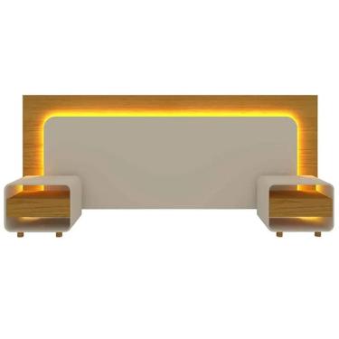 Imagem de Cabeceira Innova Casal Queen King com 2 Mesas de Cabeceira e LED Gelius Cor Naturale Off White