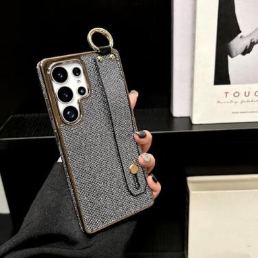 Imagem de Capa com suporte para pulseira de glitter para Samsung Galaxy S25 S24 Ultra S22 Plus S23 Fe, capa de cor sólida com suporte para pulseira (para Galaxy S22 5G/preto)