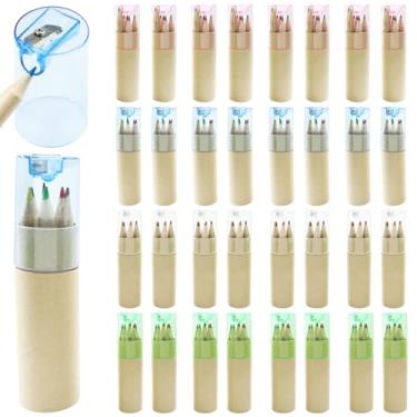 Imagem de Zorfeter Pacote com 32 mini lápis de cor, conjunto de lápis de desenho com apontador portátil em tubo, lápis de cor de gordura curta para adultos/artistas, material escolar em sala de aula (6 cores