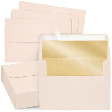 Imagem de Envelopes 5x7 para convites - Pacote com 50 envelopes de aba quadrada com forro de bronze A7, envelopes para anúncios, fotos, casamento, formatura, aniversário, off-white com folha de bronze