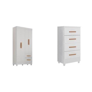 Imagem de Quarto Bebê Infantil com Guarda-Roupa 4 Portas e 2 Gavetas com Cômoda 4 Gavetas Branco