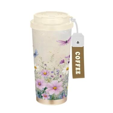 Imagem de SEHANY Caneca de viagem colorida de ervas silvestres de 500 ml Copos de café reutilizáveis revestidos de cerâmica com tampa à prova de vazamento, parede dupla, isolamento a vácuo, copo de café de aço