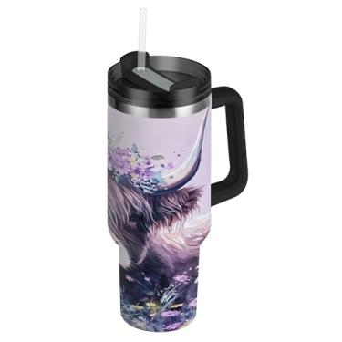 Imagem de SEHANY Copo Highland Cow de 850 g com tampa e canudo, aço inoxidável de vácuo duplo isolado garrafa de água esportiva suporte para copo de café de viagem à prova de vazamento para bebida gelada