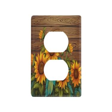 Imagem de Blueangle Girassóis em placa de madeira com tomadas duplex placa de parede, tamanho padrão, placas de cobertura de tomada elétrica de 1 gangue para decoração de quarto de escritório em casa, 4,53 x