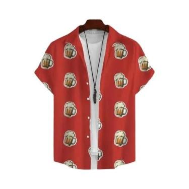 Imagem de Camisa Havaiana Masculina Estampada Em 3D Com Tema De Cerveja, Manga C