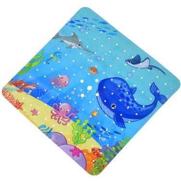 Imagem de OTraki Tapete de banheira para bebês 53 x 53 cm, estampa oceânica, antiderrapante, com desenhos animados, antiderrapante, com orifícios de drenagem e ventosas, lavável na máquina, azul marinho