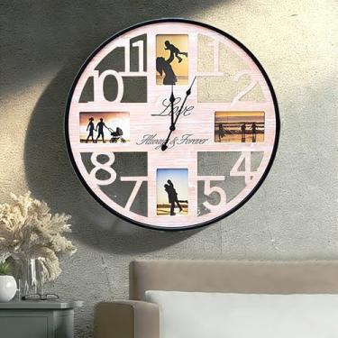 Imagem de GUDSK Relógio de parede grande com porta-retratos colagem deco silencioso rústico casa de fazenda relógio de parede operado por bateria relógios de parede grandes para sala de estar casa cozinha 61 cm