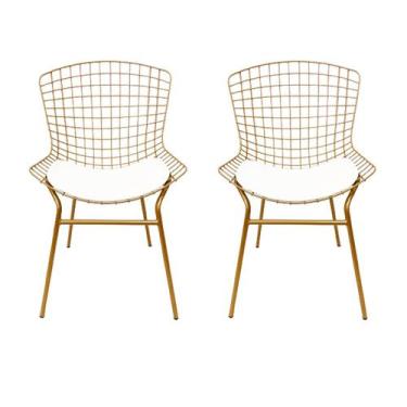 Imagem de Cadeira para Cozinha Bertoia cor Dourado Fosco assento branco tubular 