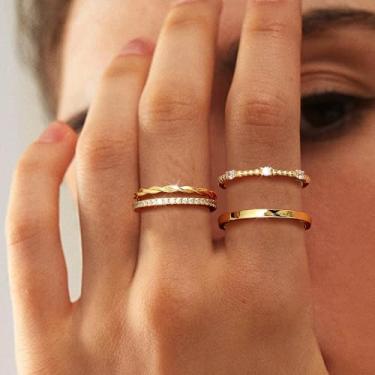 Imagem de Anéis de ouro para mulheres que não mancham zircônia cúbica anéis empilháveis para mulheres delicados anéis banhados a ouro 14K conjunto de alianças de casamento para mulheres joias de ouro, Latão