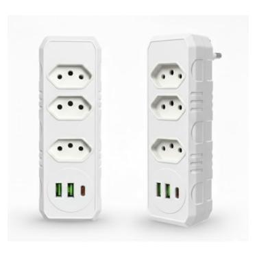 Imagem de Extensão Elétrica sem Fio com 3 Tomadas 2 Portas USB e 1 Entrada USB Tipo-C 110-220V Bivolt Régua de Energia Potência 2500W Design Compacto PREMIUM