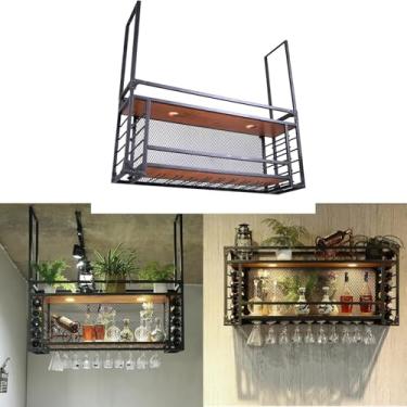 Imagem de Rack de vinho suspenso, rack de vidro de vinho de teto de 2 camadas preto, rack de vidro de vinho multifuncional rack de exibição de armazenamento de vinho, prateleira de exibição de garrafa de licor