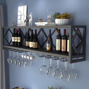 Imagem de Rack de vinho montado na parede - Prateleiras de bar flutuante com suporte de vidro, exibição multifuncional de garrafa de licor para bar e cozinha em casa - Rack de armazenamento preto elegante (120