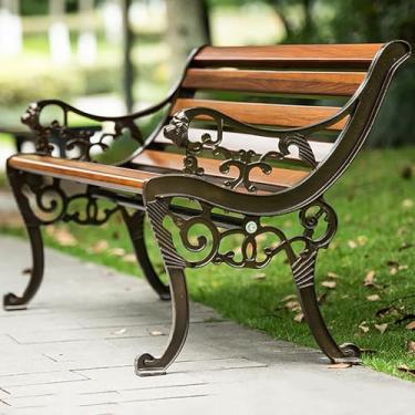 Imagem de Banco de jardim de metal ao ar livre, corrimão criativo com cabeça de leão bancos externos à prova de intempéries banco de varanda com encosto de ripas (150 cm/59 pol)