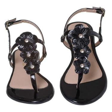 Imagem de Sandália Rasteirinha Feminina 3 Flores - NoBrand, Verniz preto, 36