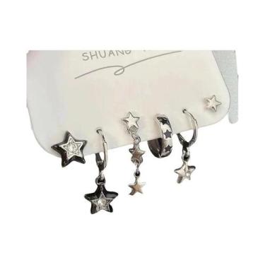 Imagem de Conjunto De Brincos Com Pingente De Coração, Lua, Cruz E Estrela Em Cr