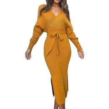 Imagem de Vestido feminino de outono sexy com decote em V e fenda justa manga comprida vestido de malha gola rolê, Amarelo, M