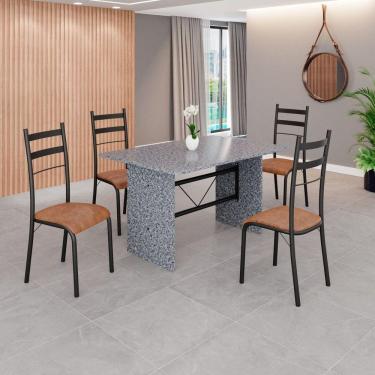 Imagem de Conjunto Sala de Jantar Mesa Retangular 120x75cm Tampo Granito Ocre 4 Cadeiras Marselha C. Marrom / Preto Fosco