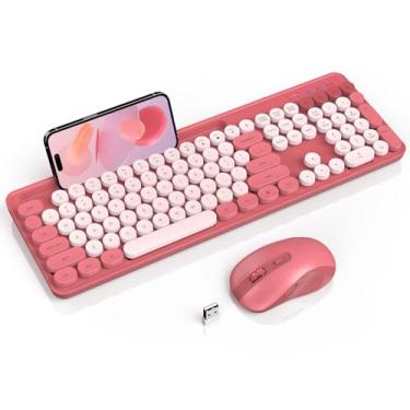 Imagem de Combo de teclado e mouse sem fio, teclado de máquina de escrever redondo retrô com suporte para telefone/tablet, teclado colorido fofo para Windows/computador/laptop da SABLUTE (rosa)