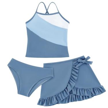 Imagem de Weixinbuy Conjunto de biquíni para meninas, roupa de banho de 3 peças, com saída de praia, verão, praia, biquíni para meninas, Azul empoeirado, 13-14 Years
