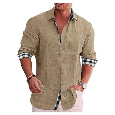 Imagem de Camisa masculina de manga comprida casual de lapela xadrez algodão linho camisa de praia camisa de botão, Cáqui, M