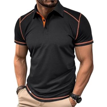 Imagem de Camisa polo masculina casual clássica botão básico manga curta cor sólida camisetas de algodão, Preto, GG