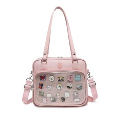 Imagem de RAINBOW SMILE Bolsa tiracolo de lona, bolsa tiracolo com alfinetes, bolsa carteiro, bolsa de ombro, rosa