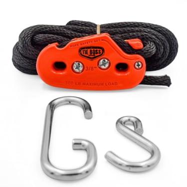 Imagem de Tie Boss - 3/8 polegadas, resistente, (limite de carga de trabalho de 136 kg), resistente ao clima, amarrar, sistema de aperto de corda, (com corda de 4,5 m) - laranja