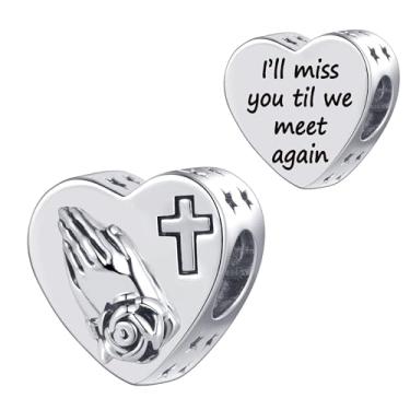 Imagem de MiiFort Amuleto de contas de coração de flores rosas cruzadas com mãos rezando compatível com pulseiras Pandora Charms, One Size, Cobre, Sem Pedra Preciosa