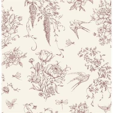 Imagem de Froluya Papel de parede floral vintage descasque e cole papel de contato floral vermelho e branco creme 17 cm × 118 cm flores pássaros autoadesivo papel de parede removível para armários de banheiro
