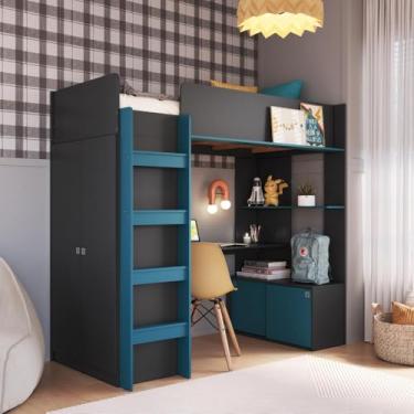 Imagem de Cama Infantil Elevada Multifuncional Solteiro com Colchão, Armário, Escrivanunha, Cabideiro e Prateleira Menino Menina