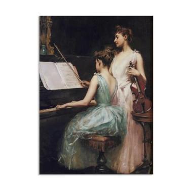 Imagem de SDYJ6GSW Retrato francês antigo mulher tocando piano lendo bar vintage impressão bailarina baile de máscaras pintura sala de estar decoração de casa 55 x 40 cm (22 x 16 pol) pôster