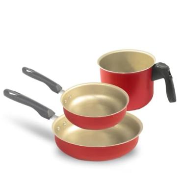 Imagem de Conjunto de Panelas Vermelho, 3 Peças, Frigideira 18cm Alta, Frigideira para Ovos e Fervedor, Revestimento Antiaderente