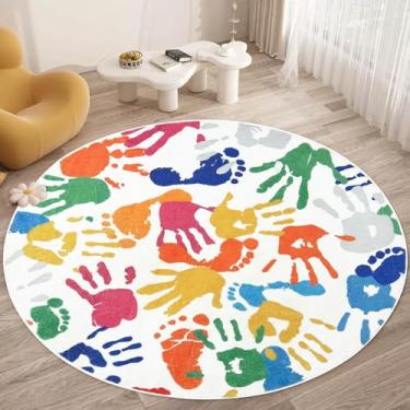 Imagem de SKGULE Tapete redondo infantil com impressão à mão e pegadas, tapete colorido para berçário, tapete antiderrapante, tapete ultramacio para quarto, sala de jogos, sala de aula (impressão à mão, 1,2 m