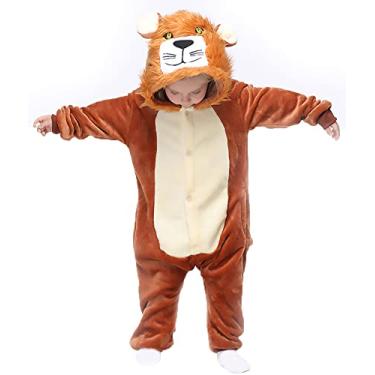 Imagem de EASUIT Macacão infantil marrom leão desenho animado animal terno de pelúcia Halloween Natal festa de aniversário unissex para meninas e meninos 5-6 anos